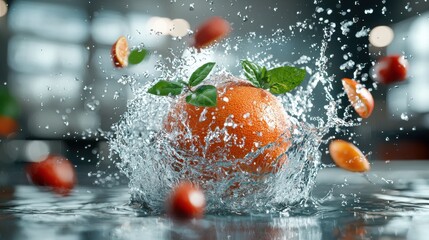 Poster - Refreshing splash of orange fruit in dynamic water motion with energetic droplets and liquid flow  Healthy citrus juice vitamin rich and eco friendly natural design backdrop