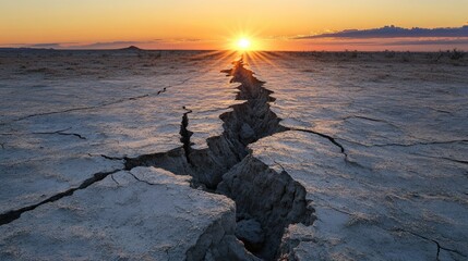 Poster - The ground cracks open during an earthquake, creating deep fissures that reveal the force of nature, illuminated by the fading light of sunset.