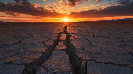 Poster - The ground cracks open during an earthquake, creating deep fissures that reveal the force of nature, illuminated by the fading light of sunset.