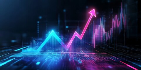 Poster - A visually striking and glowing graph featuring an upward arrow symbolizes significant growth and continuous progress within a captivating, futuristic digital ambiance that mesmerizes viewers