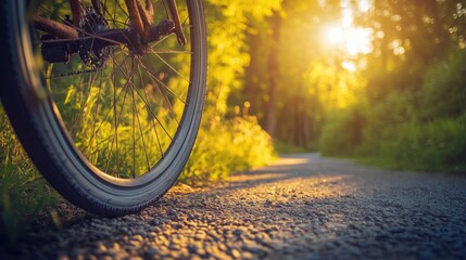 Poster - The late afternoon sun illuminates a close-up shot of a rusty bicycle wheel on a gravel path, surrounded by vibrant nature.