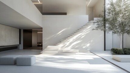 Poster - The sophisticated entrance hall of a modern loft, featuring a sleek staircase and minimalist design elements, captured with high-fidelity content in an eye-level perspective.