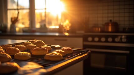 Poster - The warm, inviting light from a modern kitchen oven shines on freshly baked goods, capturing the essence of home-cooked warmth and kitchen charm.