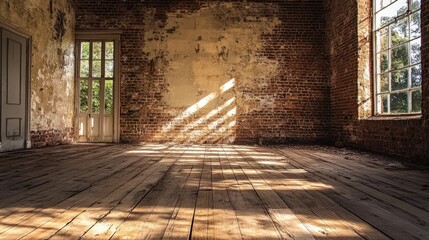 Aufkleber - Wooden floorboards and exposed brick walls set the stage for an abandoned mansion, with dim lighting casting shadows over the mouldy, crumbling walls