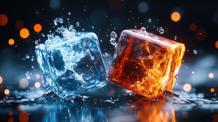 Poster - Captivating visual of two contrasting elemental cubes one of ice and one of fire colliding in a dramatic splash of motion light and temperature