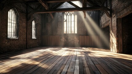 Aufkleber - Wooden floorboards and exposed brick walls set the stage for an abandoned mansion, with dim lighting casting shadows over the mouldy, crumbling walls