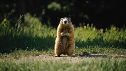 Wall Mural - Cute groundhog in Spring field.