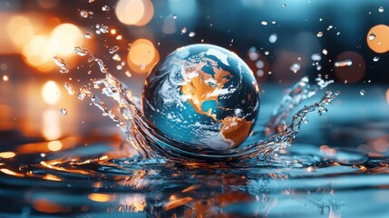 Poster - Resilient Earth Splashing in Water with Warm Sunrise Reflecting   Global Environmental Conservation and Sustainability Concept