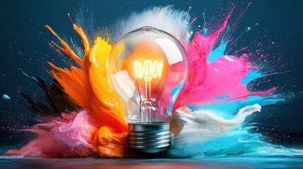 Poster - Vibrant burst of colorful paint splashing around an illuminated lightbulb symbolizing the spark of creativity innovative ideas