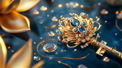 Intricate golden key adorned with blue gems and sparkling diamonds luxurious setting digital art elegant environment macro viewpoint symbol of wealth and mystery