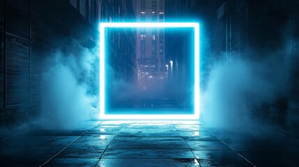 Poster - A striking, vibrant neon frame illuminates an underground tunnel, surrounded by thick, swirling fog, which together create a mysterious and surreal urban scene full of intrigue and wonder