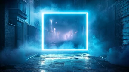 Poster - A striking neon rectangular frame casts a vibrant glow that brilliantly illuminates a foggy underground tunnel, effectively creating a stunningly dramatic and mysterious urban atmosphere