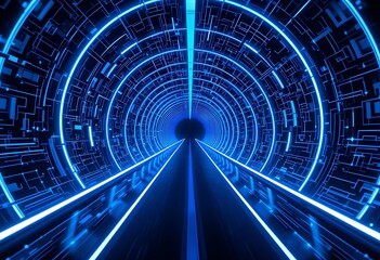 Poster - A Futuristic Tunnel with Bright Blue Glowing Lines and Circles