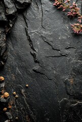 Poster - Textured Dark Slate Surface with Organic Elements and Colorful Flora Accents for Natural and Rustic Photography Projects