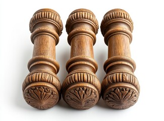 Poster - Three Ornate Wooden Spindles with Intricate Carvings on a White Background for Craft and Interior Design Projects