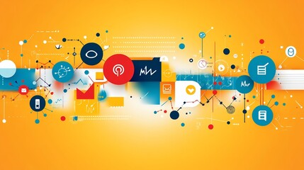 Aufkleber - Abstract geometric digital technology network connection with colorful shapes and icons on orange background