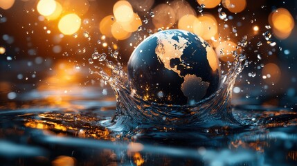 Poster - Glowing and radiant digital of planet Earth represented as a sphere submerged in splashing rippling water with shimmering light reflections  The image conveys a sense of environmental awareness