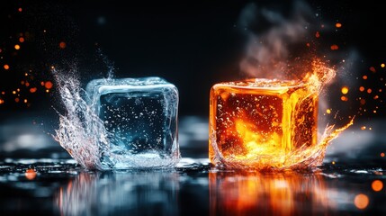 Poster - Fiery Ice Cube A Captivating Clash of Elemental Opposites Frozen in Time  This striking image juxtaposes the intense heat of a blazing flame with the icy coldness of a frozen cube