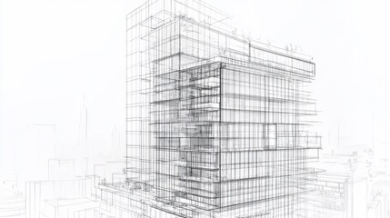 Aufkleber - Architectural drawing of a modern high-rise building with surrounding city skyline, rendering wireframe