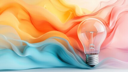 Poster - Glowing light bulb on a soft colorful fluid background representing creativity innovation and bright ideas  This abstract minimalist image evokes a sense of technological advancement