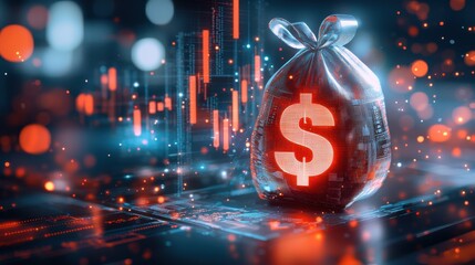 Poster - Glowing Dollar Sign Bag Floating Against Backdrop of Vibrant Financial Data Charts and Graphs Highlighting Potential for Profitable Investment Opportunities and Wealth