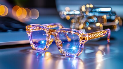 Poster - Closeup of a pair of colorful futuristic looking eyeglasses with neon lights and a captivating bokeh effect in a studio setting  The glasses feature a unique