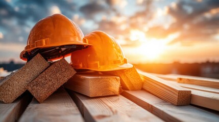 Poster - Construction industry tools materials and safety equipment like hardhats on a timber and lumber worksite at sunrise or sunset  The image represents the progress development