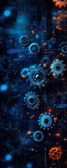 Poster - This vibrant digital artwork showcases interconnected gears, glowing in blue and orange hues, set against a dark background, symbolizing innovation, technology