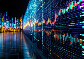 Poster - A vibrant digital display of stock market data, showcasing fluctuating graphs and colorful patterns indicating market trends.
