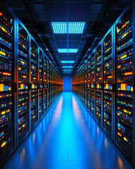 Aufkleber - A sleek, modern data center with illuminated server racks lining the corridor.