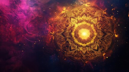 Poster - Intricate Golden Mandala Design Surrounded by Vibrant Cosmic Swirls and Ethereal Color Patterns