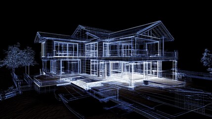 Aufkleber - Architectural Blueprint of a Modern Two Story House with Trees on Black Background