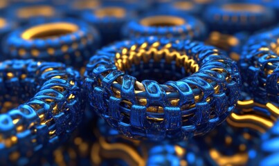 Abstract blue gold interconnected rings background, design element