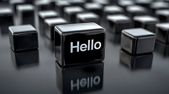 Black cubes spelling hello, technology background