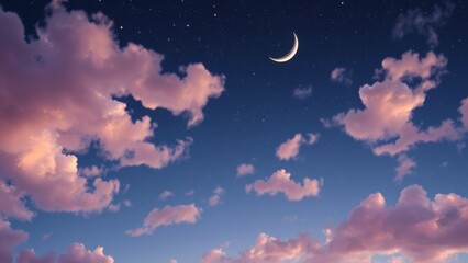Wall Mural - Crescent Moon Shines Above Pink Clouds in the Evening Sky