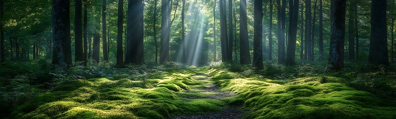 Poster - Lush green forest with rays of sunlight piercing through the trees, creating a serene atmosphere.