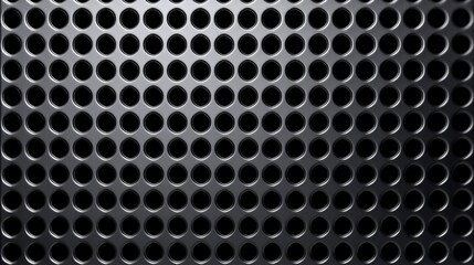 Poster - A close-up view of a black perforated metal surface featuring evenly spaced circular holes, creating a modern industrial aesthetic.