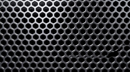Poster - A close-up of a black metal mesh featuring a regular pattern of hexagonal holes, showcasing a modern, industrial design.