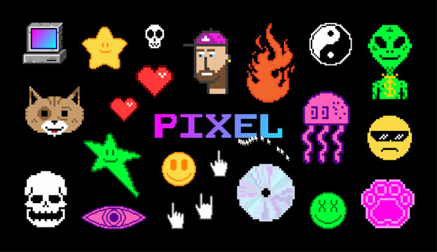 Pixel Icons Pack - Stickers, Retro Y2K Vibe, Old PC Vibe with Pixel Icons. Retro Pack - Heart, Emoji, Stars, Fire, Skull, Disk, Old PC and More. 8 bit vector graphic collection. 