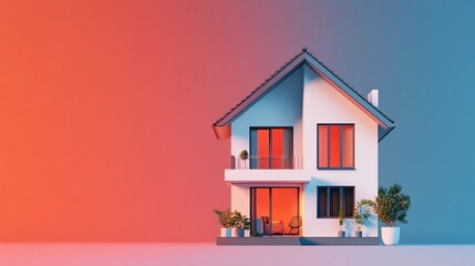 Poster - Modern two story white house with black windows and door, soft gradient background