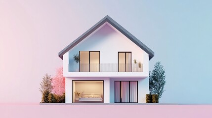 Poster - A Modern Two-Story House with Balconies and Landscaping on a Gradient Background