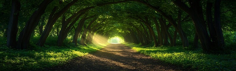 Aufkleber - Sunlight filters through a lush green forest, creating a serene pathway.