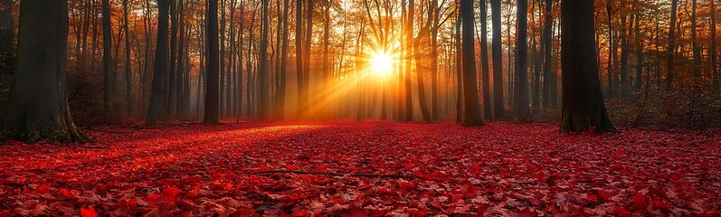 Poster - A serene forest scene with vibrant autumn leaves and sunlight filtering through the trees.