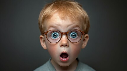 a young boy with light brown hair and round glasses displays a look of amazement and shock in a soft