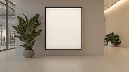 Poster - Minimalist interior featuring a blank frame and a decorative plant against a modern wall.