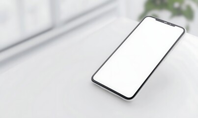 Poster - A modern smartphone with a blank screen resting on a smooth surface in a bright environment.
