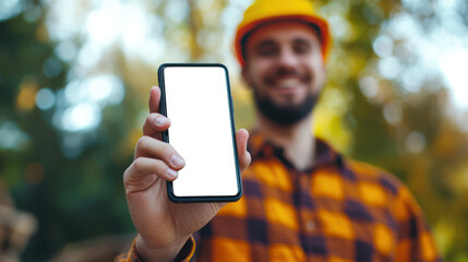 Jack of all trades. A man in a yellow construction helmet holds a cell phone with a white blank screen in his hand. A phone mockup for the presentation of a mobile house construction application