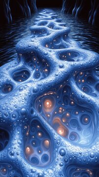 Abstract Digital Rendering of Organic Structure with Bubbles, Resembling Coral or Biological Tissue, in Cool Blues and Soft Oranges
