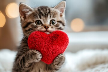 Wall Mural - Digital ads critter animal creative. American shorthair - my beloved cat, symbol of care. Cute american shorthair baby feline with fluffy red heart at cozy quarters. Love meow moment.