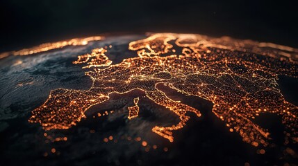 Fototapete - 3D business network concept with international trade routes glowing across continents.
